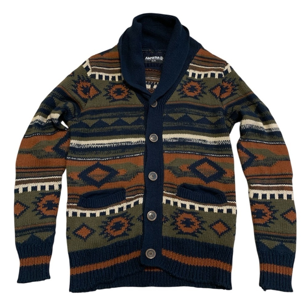 Amnesia Men's Southwestern Aztec Print Shawl Collar Cardigan Sweater M/M